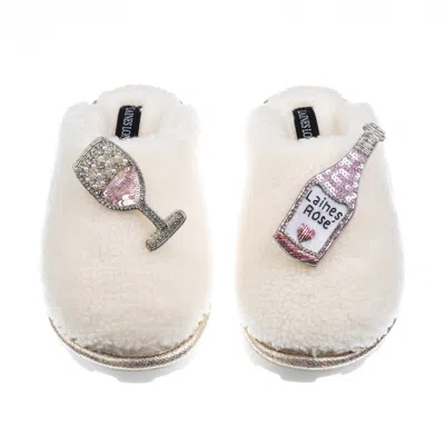 Laines London Women's White Teddy Closed Toe Slippers With Laines Rose Wine Brooches - Cream