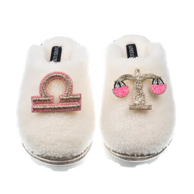 Laines London Women's White Teddy Closed Toe Slippers With Libra Zodiac Brooches - Cream