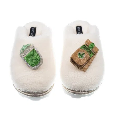 Laines London Women's White Teddy Closed Toe Slippers With Matcha Brooches - Cream