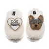Laines London Women's White Teddy Closed Toe Slippers With Minnie The Yorkie & Dog Mum / Mom Brooches - Cream In White