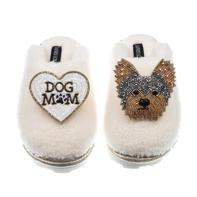 Laines London Women's White Teddy Closed Toe Slippers With Minnie The Yorkie & Dog Mum / Mom Brooches - Cream