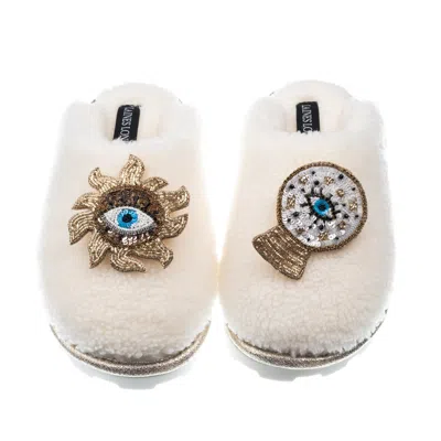Laines London Women's White Teddy Closed Toe Slippers With Mystic Eye Brooches - Cream