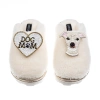 Laines London Women's White Teddy Closed Toe Slippers With Olive The Italian Greyhound & Dog Mum / Mom Brooches - In White