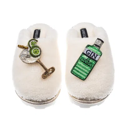 Laines London Women's White Teddy Closed Toe Slippers With Original Gin & Glass Brooches - Cream