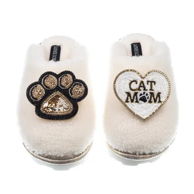 Laines London Women's White Teddy Closed Toe Slippers With Paw & Cat Mum / Mom Brooches - Cream