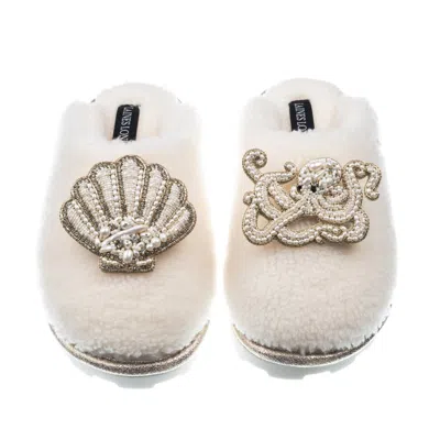 Laines London Women's White Teddy Closed Toe Slippers With Pearl Beaded Octopus & Shell Brooches - Cream