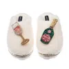 Laines London Women's White Teddy Closed Toe Slippers With Pink Champagne & Glass Brooches - Cream In White
