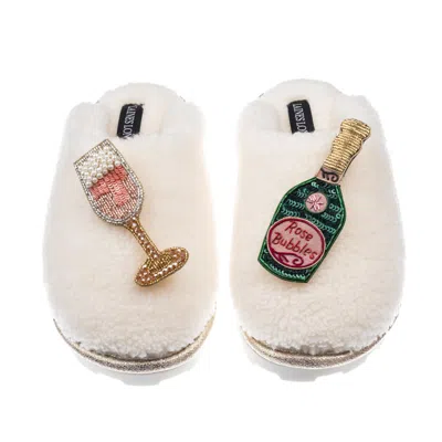 Laines London Women's White Teddy Closed Toe Slippers With Pink Champagne & Glass Brooches - Cream