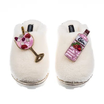 Laines London Women's White Teddy Closed Toe Slippers With Pink Gin & Fruit Glass Brooches - Cream