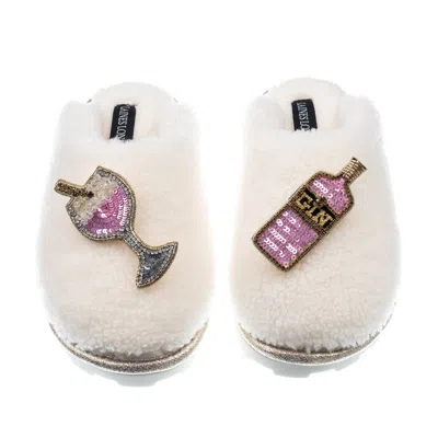 Laines London Women's White Teddy Closed Toe Slippers With Pink Gin Brooches - Cream