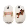 Laines London Women's White Teddy Closed Toe Slippers With Show Jump Horse Brooches - Cream In White