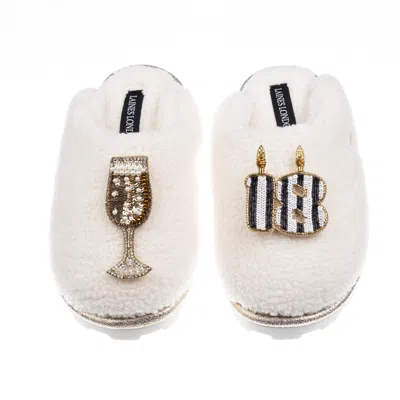 Laines London Women's White Teddy Closed Toe Slippers With Stripe 18th Birthday & Champagne Glass Brooches - Cream