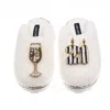 Laines London Women's White Teddy Closed Toe Slippers With Stripe 21st Birthday & Champagne Glass Brooches - Cream In White
