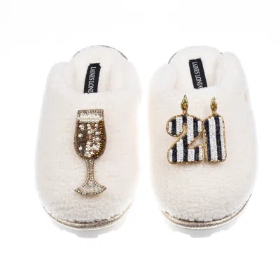 Laines London Women's White Teddy Closed Toe Slippers With Stripe 21st Birthday & Champagne Glass Brooches - Cream