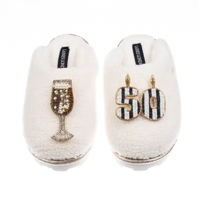 Laines London Women's White Teddy Closed Toe Slippers With Stripe 50th Birthday & Champagne Glass Brooches - Cream