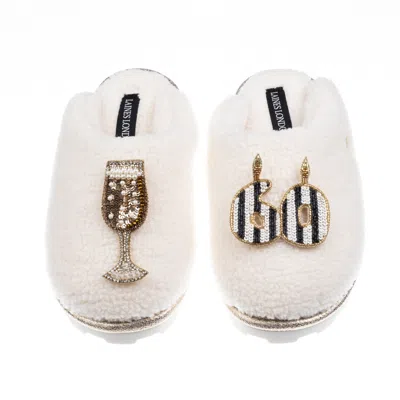 Laines London Women's White Teddy Closed Toe Slippers With Stripe 60th Birthday & Champagne Glass Brooches - Cream