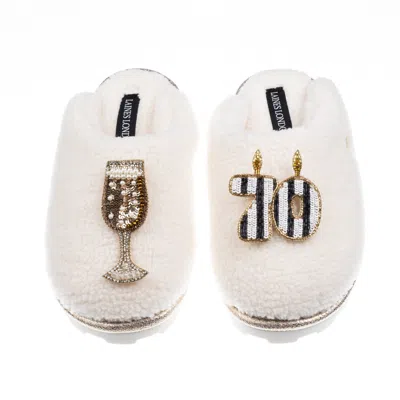 Laines London Women's White Teddy Closed Toe Slippers With Stripe 70th Birthday & Champagne Glass Brooches - Cream