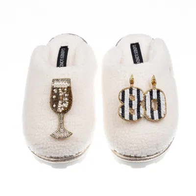 Laines London Women's White Teddy Closed Toe Slippers With Stripe 80th Birthday & Champagne Glass Brooches - Cream