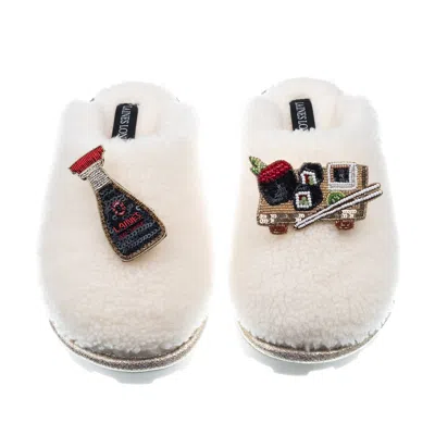 Laines London Women's White Teddy Closed Toe Slippers With Sushi & Soy Sauce Brooches - Cream