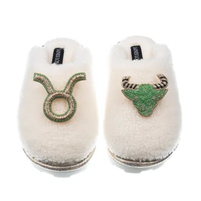 Laines London Women's White Teddy Closed Toe Slippers With Taurus Zodiac Brooches - Cream
