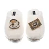 Laines London Women's White Teddy Closed Toe Slippers With Tea & Biscuit Brooches - Cream In White