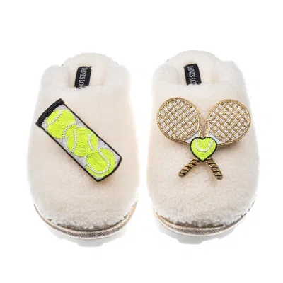 Laines London Women's White Teddy Closed Toe Slippers With Tennis Lover Brooches - Cream