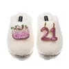 Laines London Women's White Teddy Closed Toe Slippers With Twenty First Birthday & Cake Brooches - Cream In White