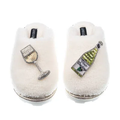 Laines London Women's White Teddy Closed Toe Slippers With Vino Darling Brooches - Cream