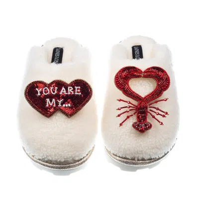 Laines London Women's White Teddy Closed Toe Slippers With You Are My Lobster Brooches - Cream