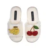Laines London Women's White Teddy Slider Slippers With Laines Loveables Banana & Cherry Brooches - Cream In White