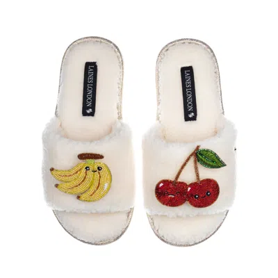 Laines London Women's White Teddy Slider Slippers With Laines Loveables Banana & Cherry Brooches - Cream