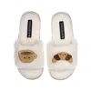 Laines London Women's White Teddy Slider Slippers With Laines Loveables Coffee & Croissant Brooches - Cream In White