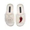 Laines London Women's White Teddy Slider Slippers With Laines Loveables Garlic & Chilli Brooches - Cream In White