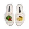Laines London Women's White Teddy Slider Slippers With Laines Loveables Watermelon & Banana Brooches - Cream In White