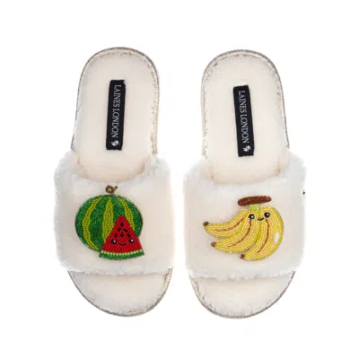 Laines London Women's White Teddy Slider Slippers With Laines Loveables Watermelon & Banana Brooches - Cream