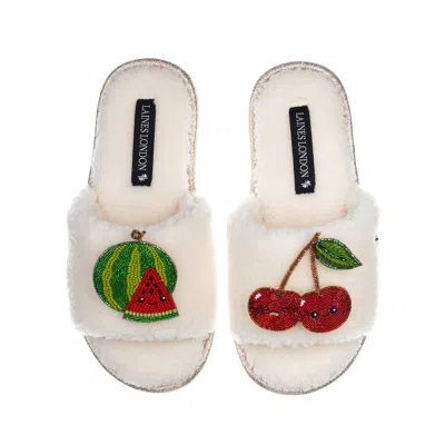 Laines London Women's White Teddy Slider Slippers With Laines Loveables Watermelon & Cherry Brooches - Cream