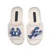 Laines London Women's White Teddy Toweling Slipper Slider With Mediterranean Blue Crab & Lobster Brooches - Cream In White