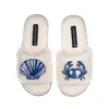 Laines London Women's White Teddy Toweling Slipper Slider With Mediterranean Shell & Crab Brooches - Cream In White