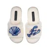 Laines London Women's White Teddy Toweling Slipper Slider With Mediterranean Shell & Lobster Brooches - Cream In White