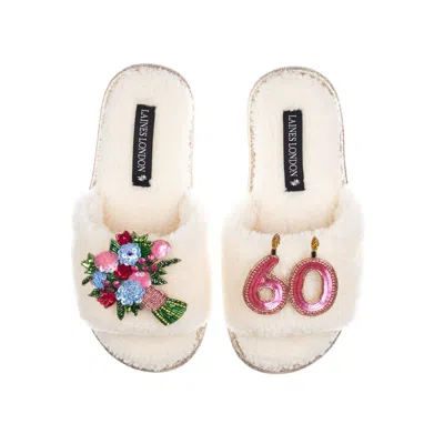 Laines London Women's White Teddy Toweling Slipper Sliders With 60th Birthday & Flowers Brooches - Cream