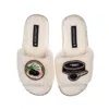 Laines London Women's White Teddy Toweling Slipper Sliders With Caviar & Blini Brooches - Cream In White