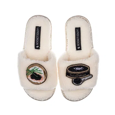 Laines London Women's White Teddy Toweling Slipper Sliders With Caviar & Blini Brooches - Cream
