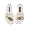 Laines London Women's White Teddy Toweling Slipper Sliders With Champers Bottle & Oyster Brooches - Cream In White