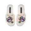 Laines London Women's White Teddy Toweling Slipper Sliders With Double Flower Bouquet Brooches - Cream In White