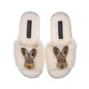 Laines London Women's White Teddy Toweling Slipper Sliders With Double Hare Brooches - Cream In White