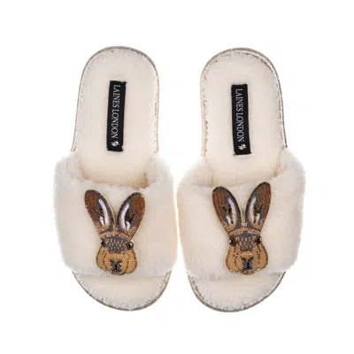 Laines London Women's White Teddy Toweling Slipper Sliders With Double Hare Brooches - Cream