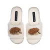 Laines London Women's White Teddy Toweling Slipper Sliders With Double Hedgehog Brooches - Cream In White