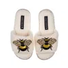 Laines London Women's White Teddy Toweling Slipper Sliders With Double Honeybee Brooches - Cream In White