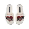 Laines London Women's White Teddy Toweling Slipper Sliders With Fuck Off Brooches - Cream In White