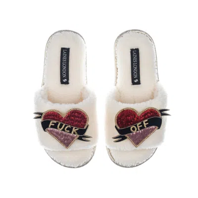 Laines London Women's White Teddy Toweling Slipper Sliders With Fuck Off Brooches - Cream